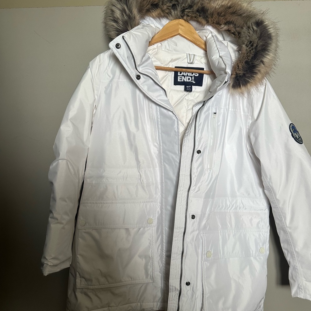 Lands' End Expedition White Parka with Faux Fur Hood